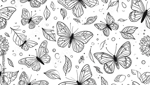 A monochrome illustration showcases a repeated pattern of butterflies, leaves, flower outlines and small circular shapes on a white background