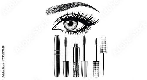 An artistic illustration of an eye with various mascara wands and tubes to enhance lash definition.