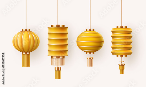 Realistic chinese yellow silk or paper lanterns with gold elements set. Traditional China New Year decorations. 3d chinese lamp collection.