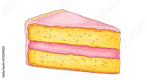 A delicious slice of vanilla sponge cake with pink frosting and jam filling.