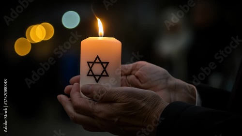 Person holding a candle adorned star of David. Independence Day of Israel, Memorial Day. Soft bokeh lights background. National mourning, Hanukkah, Passover, Shavuot, Yom Kippur holiday