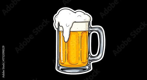 A clear beer mug with a handle, filled with golden beer and overflowing with a thick head of white foam. The illustration is cartoonish or sticker-style, with white outlines and bright yellow accents,
