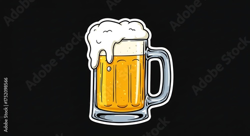 A clear beer mug with a handle, filled with golden beer and overflowing with a thick head of white foam. The illustration is cartoonish or sticker-style, with white outlines and bright yellow accents,