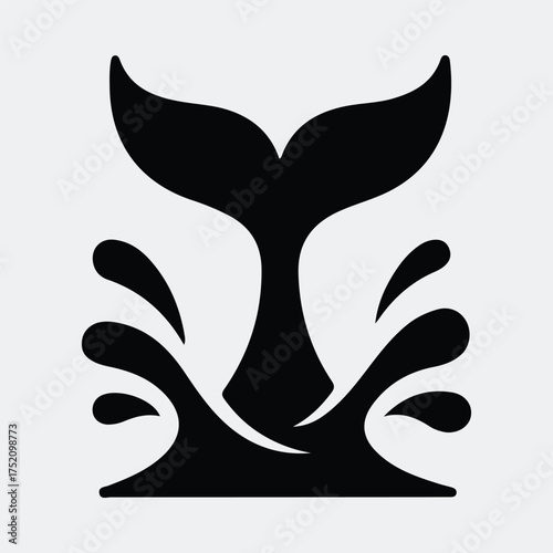 Silhouette whale tail emerges from water splashing vector illustration