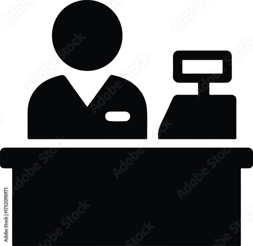 Cashier or Receptionist Icon with Register and Counter - Retail Checkout Glyph