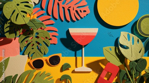 A vibrant summer-themed arrangement showcasing a cocktail glass, tropical leaves, and playful elements, embodying a joyful and relaxed mood.