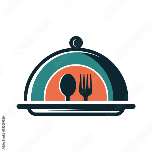Dark teal and orange cloche serving dish with spoon and fork food utensil