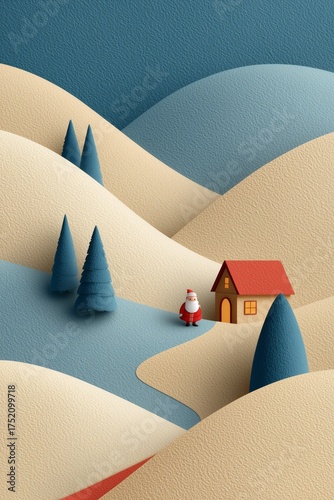 A serene winter scene with rolling hills, a red-roofed cabin, and Santa Claus holding a bag.