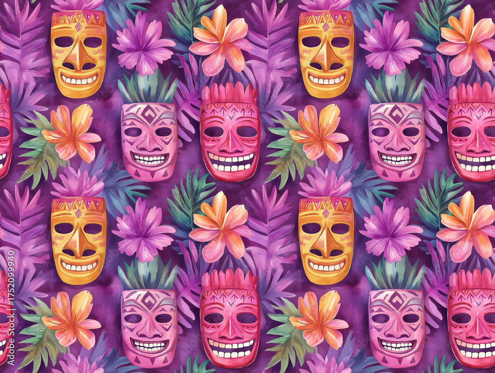 Fototapeta premium Seamless pattern of vibrant pink and purple tiki masks with tropical plumeria flowers and exotic jungle leaves in colorful watercolor style for summer party wallpaper