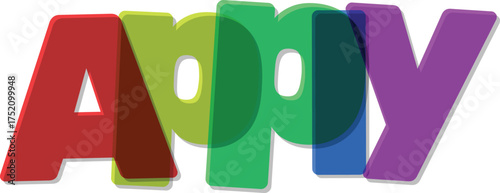 Rainbow colored overlapping letters spelling HAPY on white background happy text