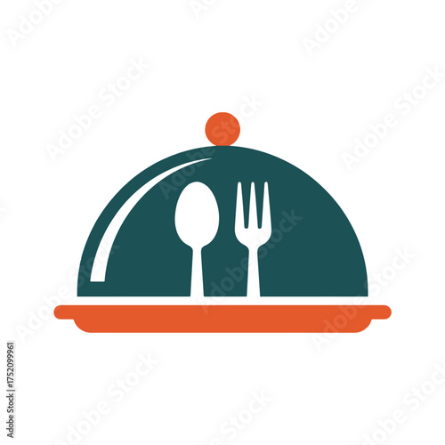 Teal cloche dish with orange base and red knob featuring white spoon and fork food serving