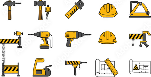 Construction tools and equipment icons arranged on a black background for builders
