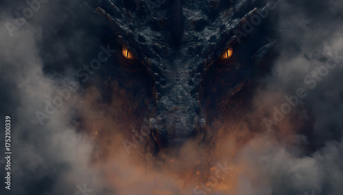 Dragon face with glowing eyes emerging from smoke and fire.