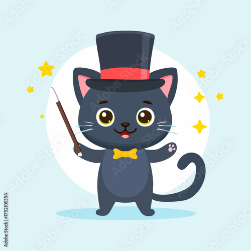 Magical cat with hat and wand with transparent background