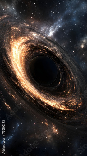 A supermassive black hole with a glowing accretion disk of gas and dust in the vastness of deep space.
