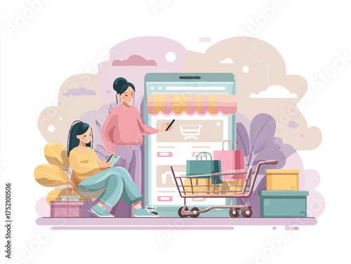 E Commerce App Illustration with Women Shopping Online and Receiving Purchases in Shopping Cart
