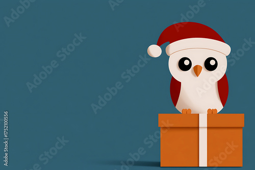 Festive owl perched on a gift box against a teal backdrop, wearing a holiday hat.  Celebrating the season of giving, adding a touch of whimsy.