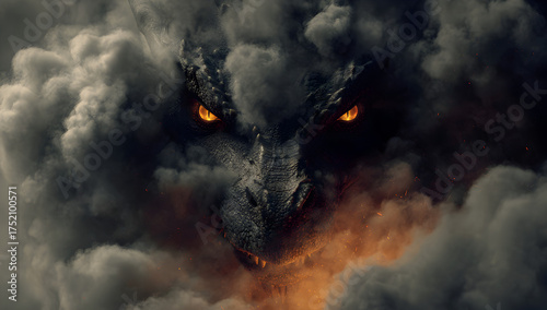 A fearsome dragon emerges from dark, smoky clouds with glowing orange eyes and fiery breath.