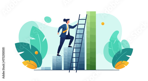 A determined businesswoman climbs a ladder to reach the top of a rising bar graph, symbolizing career growth and success.