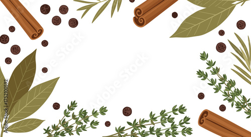A border of aromatic herbs and spices including bay leaves cinnamon sticks thyme and peppercorns.