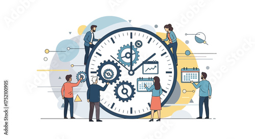 Team of professionals collaborating around a large clock with gears, symbolizing time management and project planning.