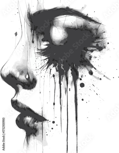  A monochrome portrait sketch of a woman's face with a closed eye and dripping ink tears, accented by splatters and dynamic lines for a dramatic, expressive art study