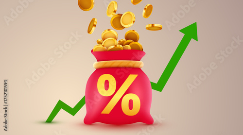 Percentage bag overflowing with golden coins, symbolizing investment and business success. Vector illustration.