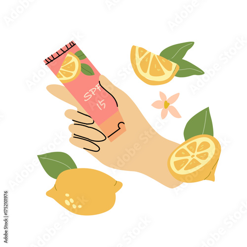 Bright sunscreen packaging with lemon design. Vector illustration of SPF sunblock cream tube decorated with citrus slice. Fresh summer skincare cosmetic for sun protection and beauty care.