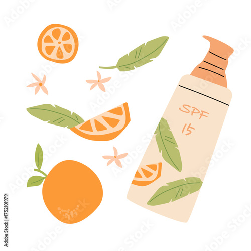 Set of sunscreen products with fruity design. Vector illustration of SPF sunblock tubes, sprays, and cream jars decorated with tropical fruits. Summer skincare packaging concept