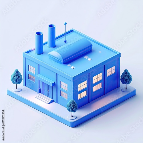 Modern Blue Industrial Factory Building Isometric View with Trees.