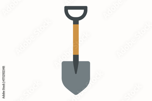 Flat Vector D-Handle Shovel Icon with Wooden Shaft and Gray Spade Blade, Isolated on White