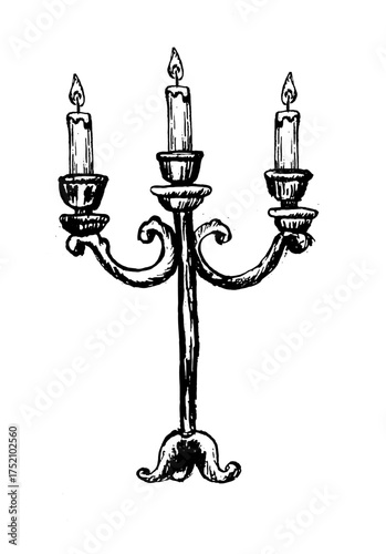 Victorian candlestick with candles. Hand drawn engraving style sketch illustration. Antique candelabrum with elegant details for holiday and gothic decor.