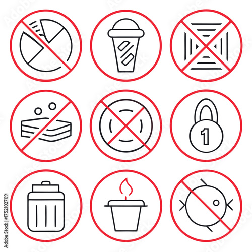 Set of minimal line icons with red prohibition signs, representing various restrictions and safety warnings on a white background