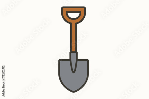 Flat Vector Shovel with Wooden Handle and Gray Steel Blade, Isolated on White