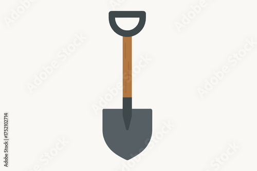 Flat Vector Shovel Icon with Wooden Handle and Gray Metal Blade