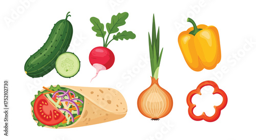 A delightful arrangement of fresh vegetables including a delicious wrap and a whole onion.