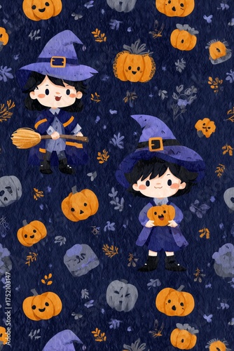 Whimsical artwork featuring two cartoon witches in blue attire surrounded by pumpkins.