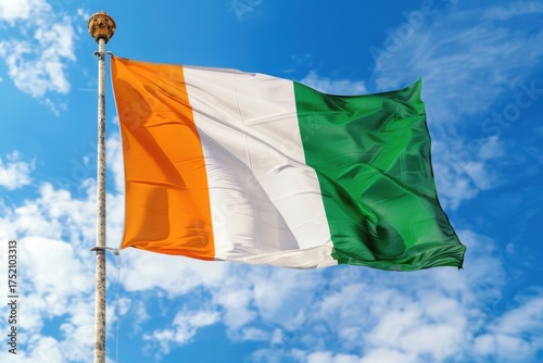 Waving Irish flag under a clear blue sky during a sunny day