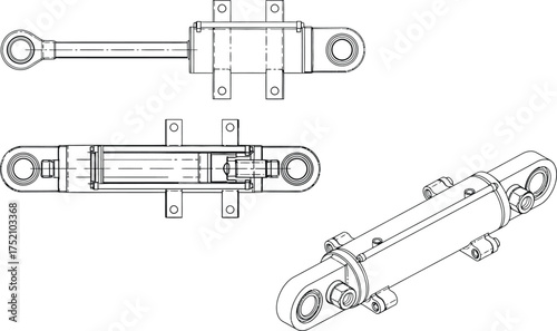 hydraulic cylinder blueprint vector, detailed engineering drawing, mechanical illustration for construction and industrial design, black and white technical plan