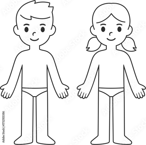 Cartoon child body chart, boy and girl in underwear. Blank boy body outline template. Isolated vector illustration.
