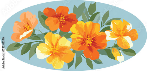 Elegant Floral Arrangement with Yellow and Orange Flowers on a Light Blue Background Artwork