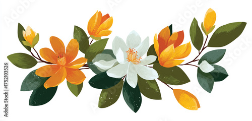 Elegant floral arrangement featuring golden yellow and white magnolia blooms with lush green leaves on a white background