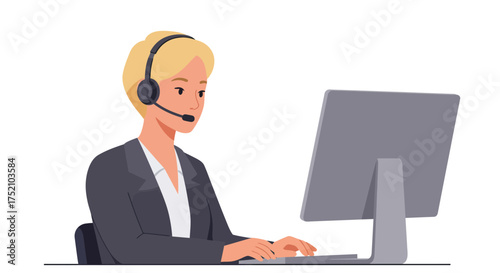 Friendly blonde customer service representative assisting clients online, offering solutions, and providing excellent support, originally created as vector art