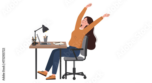 Relaxed woman stretching at her desk, enjoying a break during work, feeling refreshed and ready to tackle new challenges at her home office