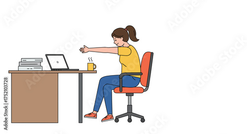Energized woman stretching at desk with laptop, books, and coffee for a boost, promoting wellness in the workplace and healthy work habits