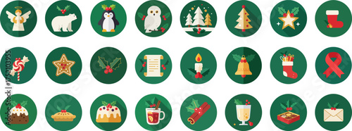 24 Christmas icons in flat design style with circular borders on dark green background