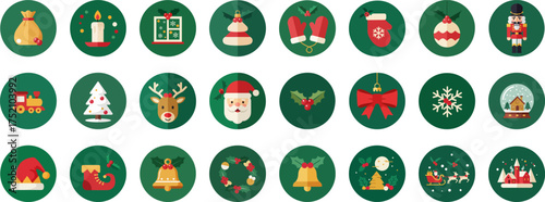 24 Christmas-themed icons in flat style on dark green background