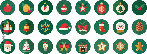 24 Flat Christmas-Themed Icons in Circular Frames on Dark Green Background