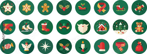 24 circular flat holiday icons on dark green background