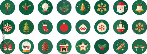 24 Christmas-themed icons in circular frames on dark green background